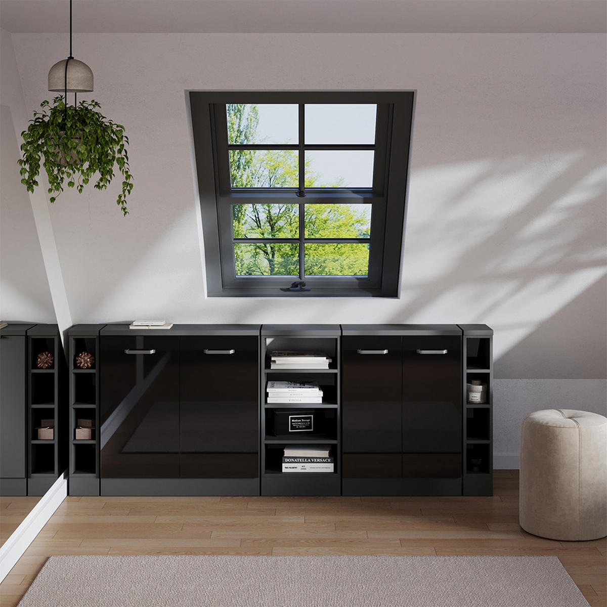 DACHSCHRÄGENSCHRANK-SET Rion Schwarz Hochglanz 210 cm 5er Set Schrankkorpuss 60 cm Tiefe - Schwarz Hochglanz/Anthrazit, Holzwerkstoff (210/83.8/60cm) - Vicco