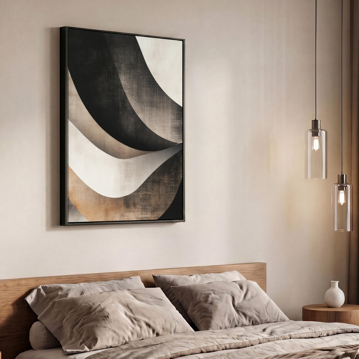 LEINWAND Bilder mit Rahmen - Abstrakt - Wellen - Schwarz - Verwittert - 70x100 - Trüffeleichefarben, Textil (70/100cm) - MuchoWow