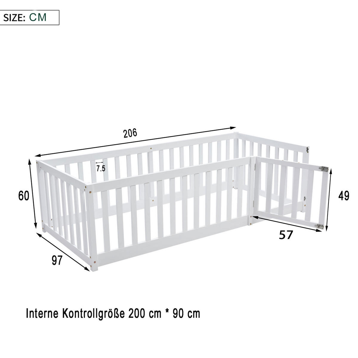 KINDERBETT 90/200 cm als Bodenbett mit Zaun und Tür aus Massivholz, Weiß - Weiß, Holz (90/200cm) - Redom