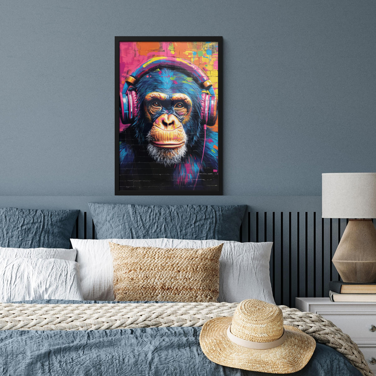 GERAHMTES BILD Graffiti - Schimpanse - Straßenkunst - Kopfhörer - Affe 40x60 cm - Blau, Papier (40/60cm) - MuchoWow