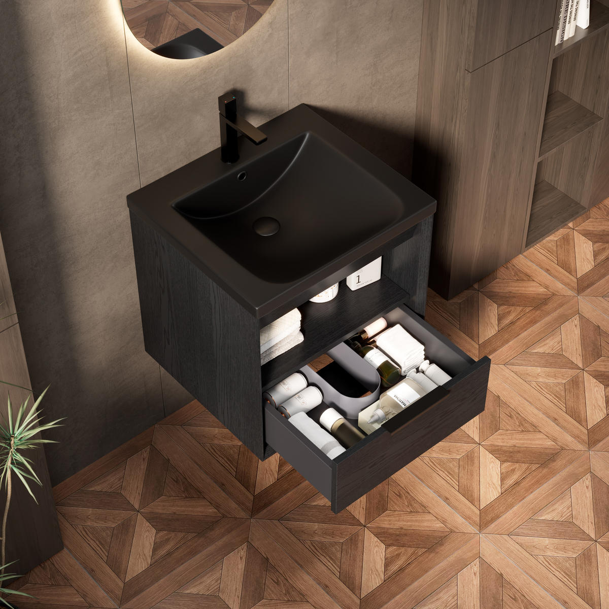 WASCHTISCHUNTERSCHRANK 51.5x47x51.5cm Schwarz/Dunkleiche mit integrierter Keramikspüle - Schwarz, Keramik (51.5/51.5/47cm) - Modfu