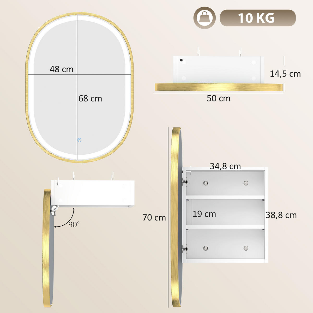 SPIEGELSCHRANK Goldfarben 50/14,5/70 cm mit LED-Beleuchtung - Goldfarben, Glas (50/70/14.5cm) - PANGIVO