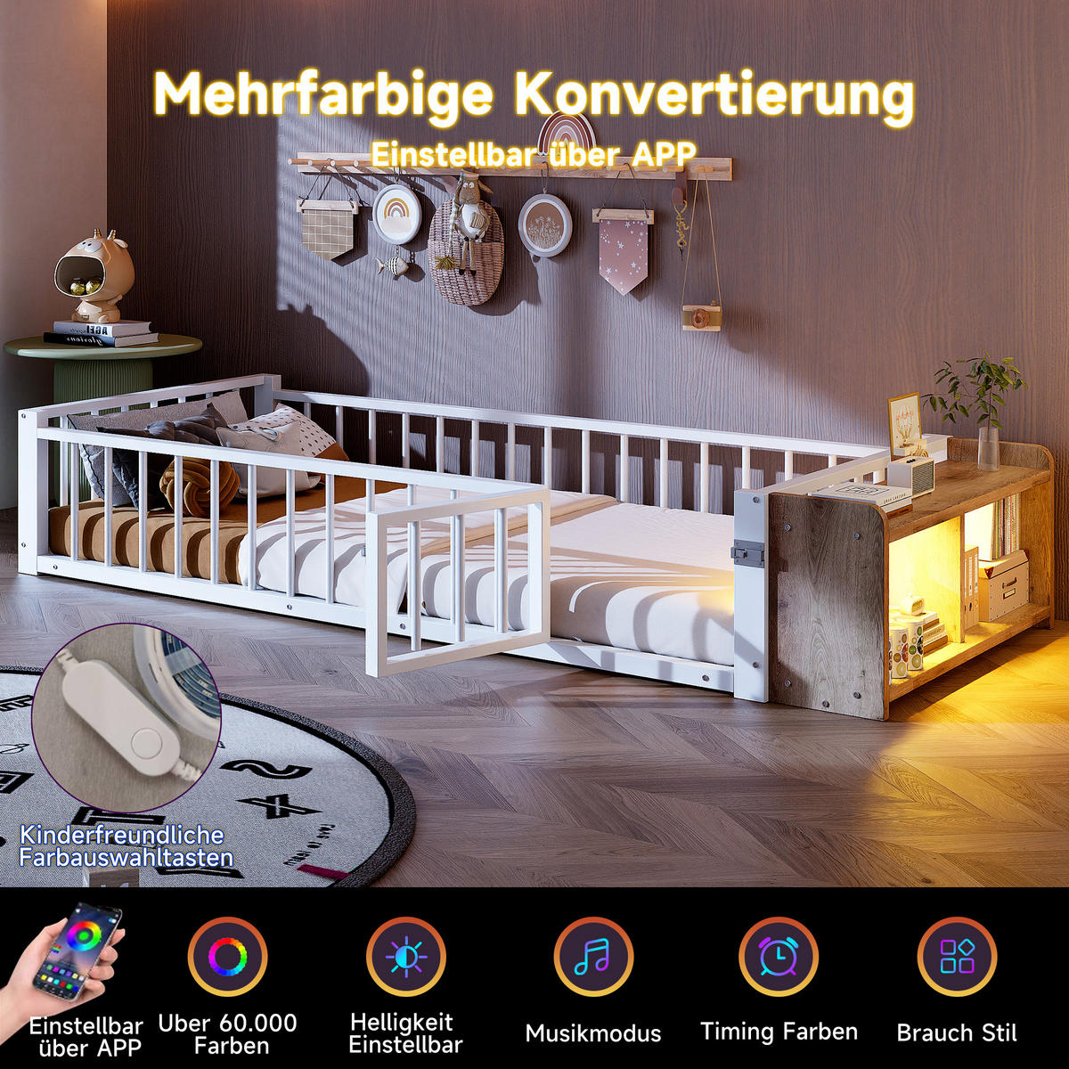 METALLBETT 90x200 cm LED Schubladen weiß - Weiß, Holzwerkstoff (90/200cm) - LEBENLANG