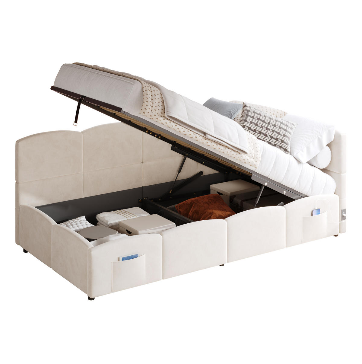 POLSTERBETT 90/200 cm mit hydraulischem Stauraum, USB-A/USB-C und Seitentaschen, Samt, Beige - Beige, Textil (90/200cm) - Redom