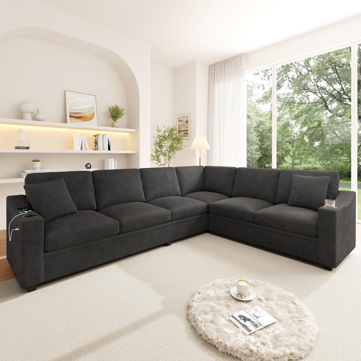 ECKSOFA 277/215/85 cm Grau mit USB/Type-C-Schnellladeanschluss und 2 Getränkehaltern - Grau, Textil (277/215cm) - Oxeza