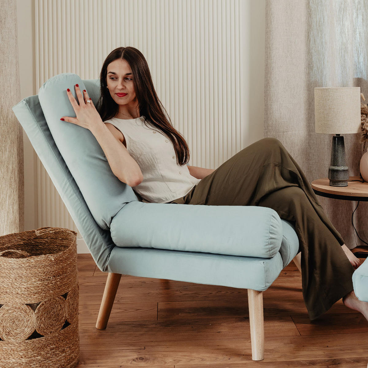 RELAXSESSEL LILA mit hocker, 75/75/100 cm, Blau - Blau, Holz/Textil (75/100/75cm) - Idohome
