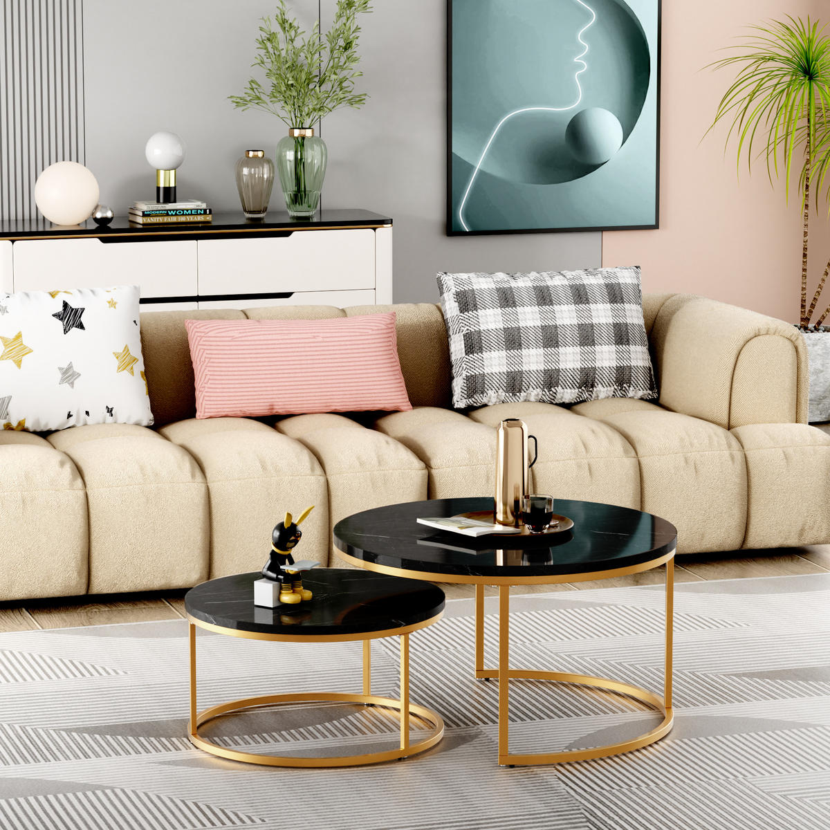 COUCHTISCH 2er Satztische aus MDF mit Metallrahmen, Beistelltisch Wohnzimmertisch für Lounge, Schwarz/Gold - Goldfarben/Schwarz, Holzwerkstoff/Metall (80/80/45cm) - EVRYAE