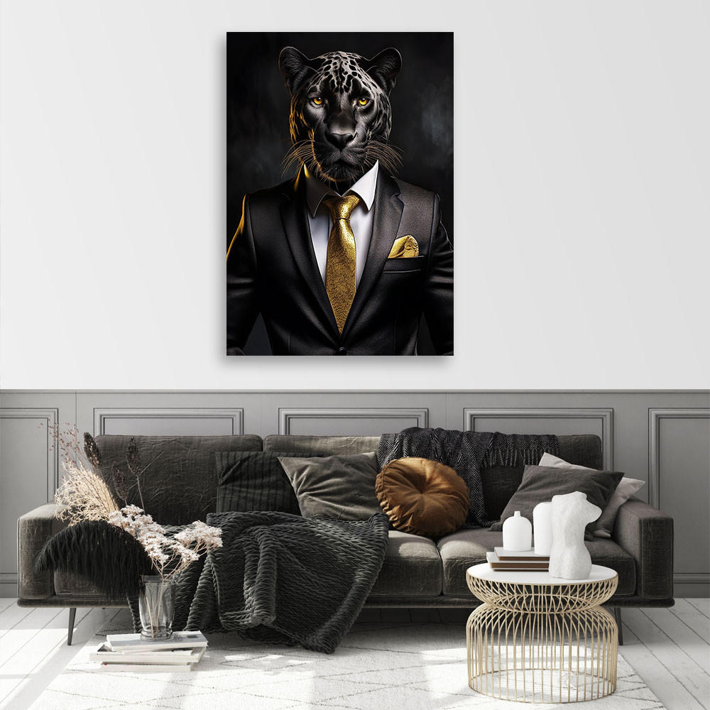 LEINWANDBILD Black Panther Tiere im Anzug 40x60cm - Schwarz, Textil (40/60cm) - Feeby