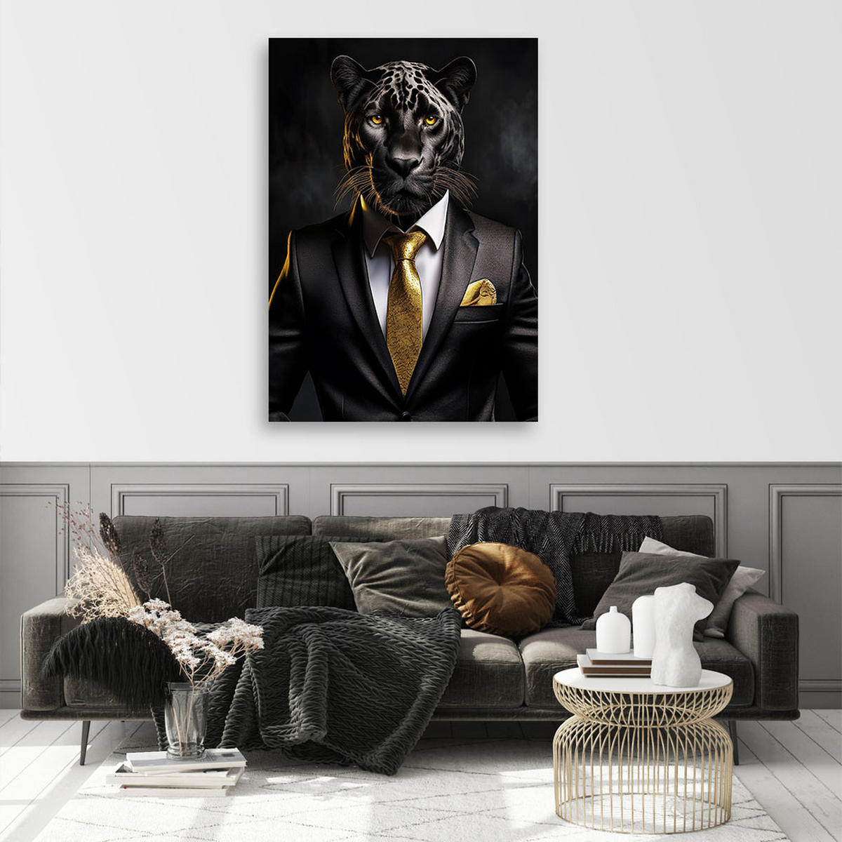 LEINWANDBILD Black Panther Tiere im Anzug 40x60cm - Schwarz, Textil (40/60cm) - Feeby