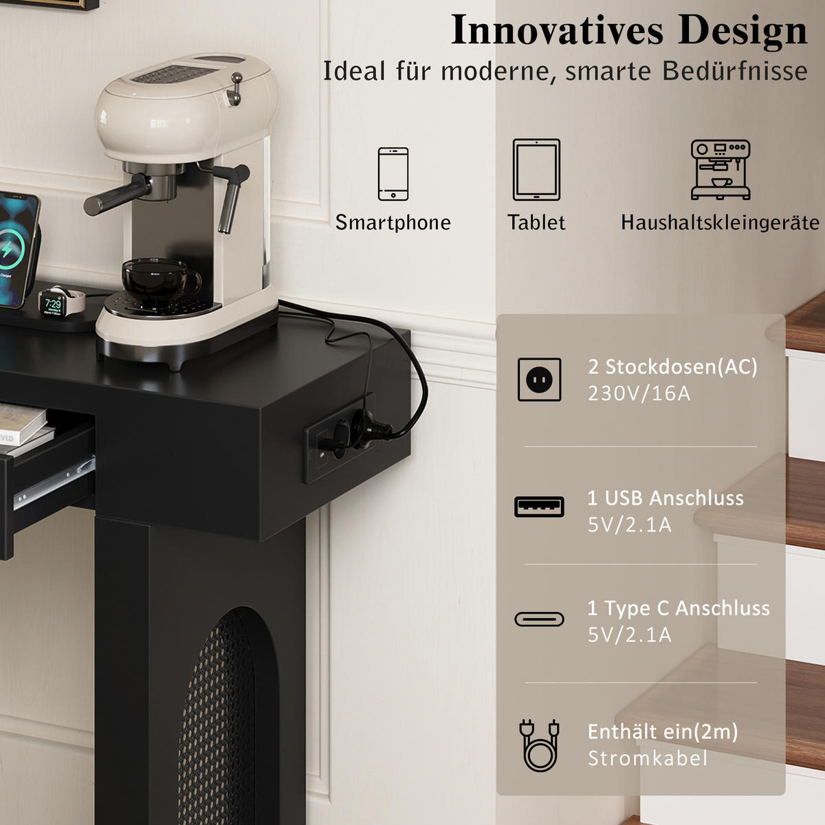 KONZOLOVÝ stolek z MDF 120x35,5x76,5 cm černý se 2 zásuvkami, USB, Type-C a nastavitelnými nožkami - černá, kompozitní dřevo (35.5/120/76.5cm) - Modfu