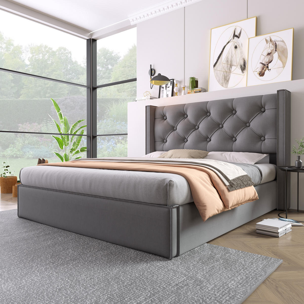 POLSTERBETT mit Bettkasten 140x200 cm Baumwolle Grau - Grau, Metall (140/200cm) - Meubliv
