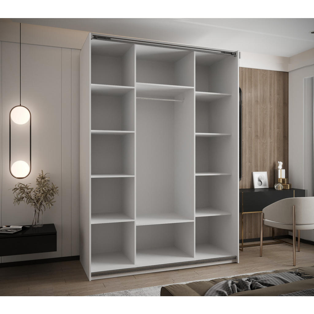 Thumbnail - Abiks Möbel Schwebetürenschrank, Weiß, Schwarz, Silber, Metall, Nachbildung, 10 Fächer, 160x245x64 cm, Schlafzimmer, Kle...