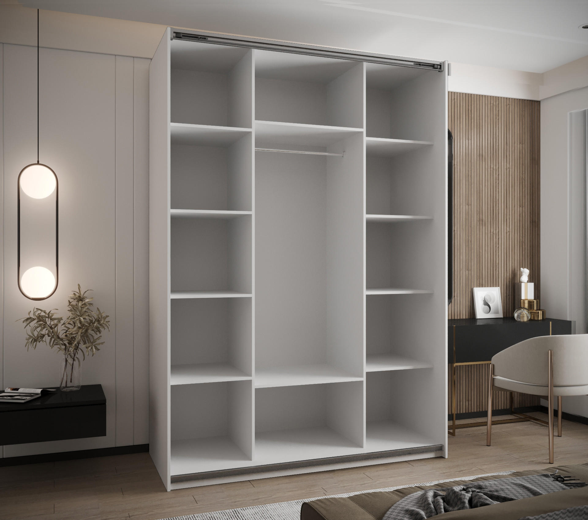 Thumbnail - Abiks Möbel Schwebetürenschrank, Weiß, Eiche Artisan, Schwarz, Metall, Nachbildung, 10 Fächer, 200x245x64 cm, Schlafzimm...
