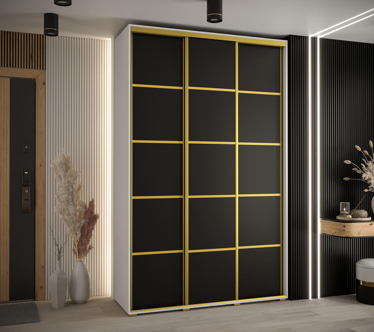 SCHWEBETÜRENSCHRANK 235,2/150/45 3-türig - Goldfarben/Schwarz, Holz/Metall (150/235/45cm) - Abiks Möbel