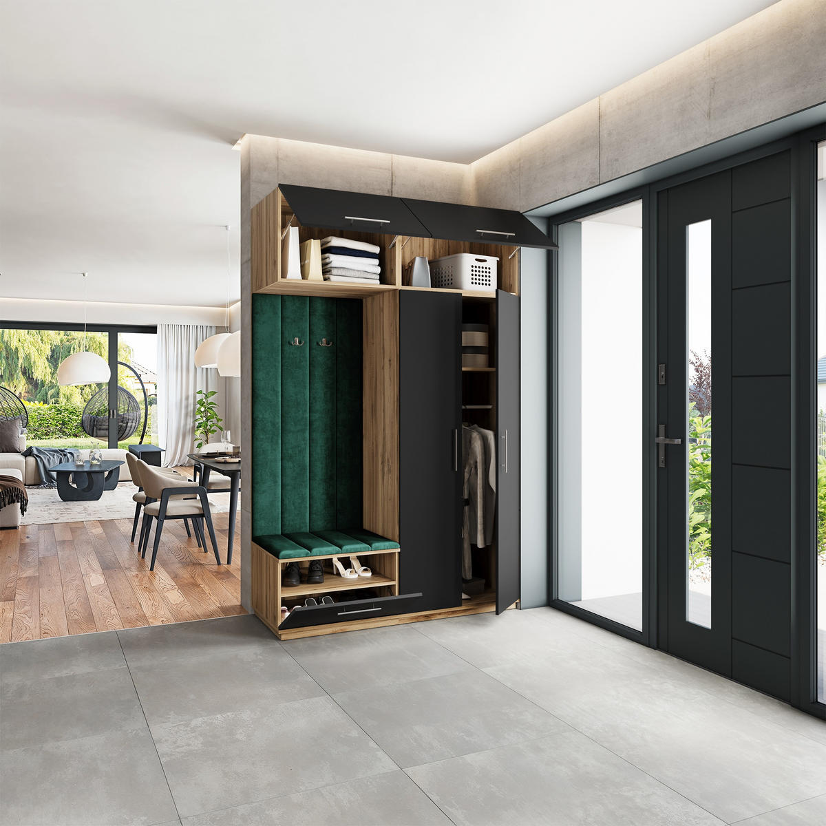 GARDEROBENSCHRANK REMA 150/240/60 cm Modern Garderobe-Set Eiche Wotan - Eiche Wotan/Schwarz, Holzwerkstoff (150/240/60cm) - MASSENO