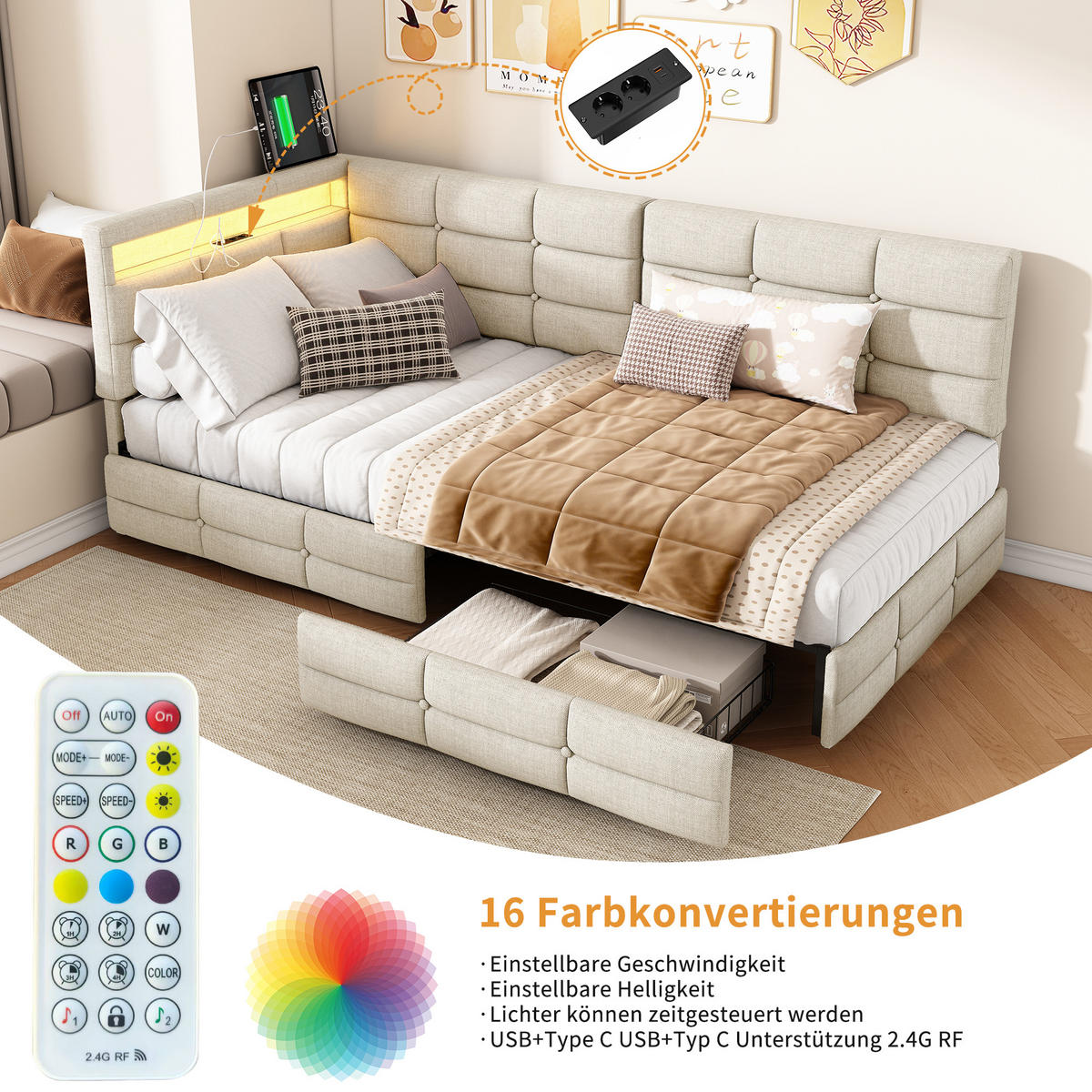 BETT 90x200 cm mit L-förmigem Kopfteil, 2 Schubladen, USB-Ladeanschluss, LED-Licht, Leinenstoff, Beige - Beige, Holz (90/200cm) - BRILVERDE