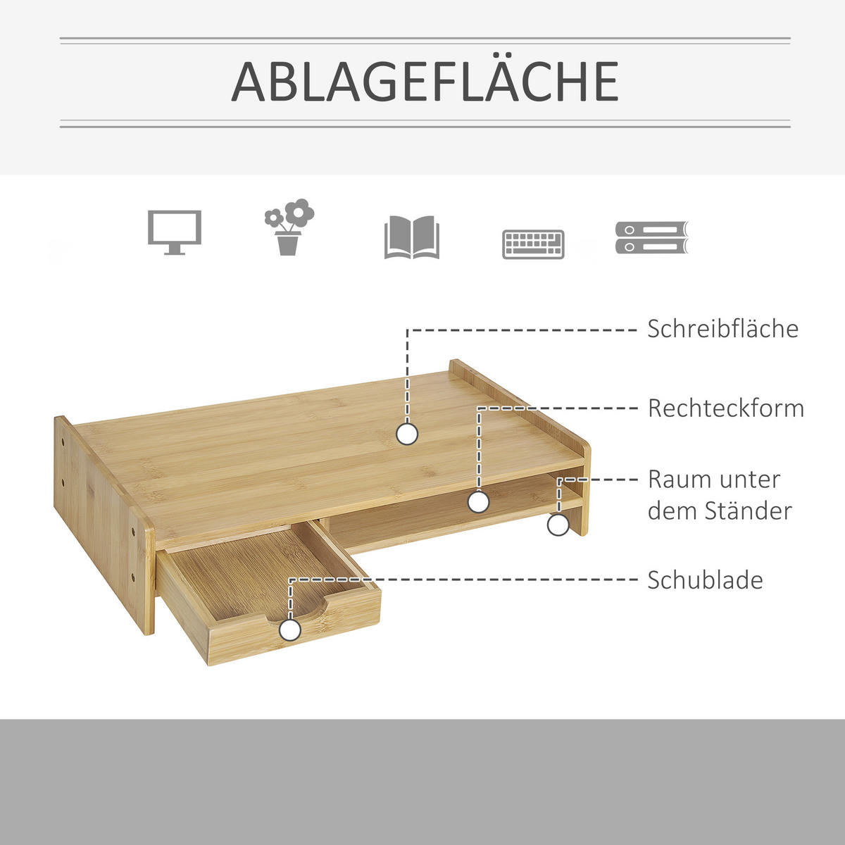MONITORSTÄNDER Mit Schubladen Bildschirmständer Schreibtisch-Organizer Natur - Naturfarben, Holz (49/25.5/11.5cm) - HOMCOM