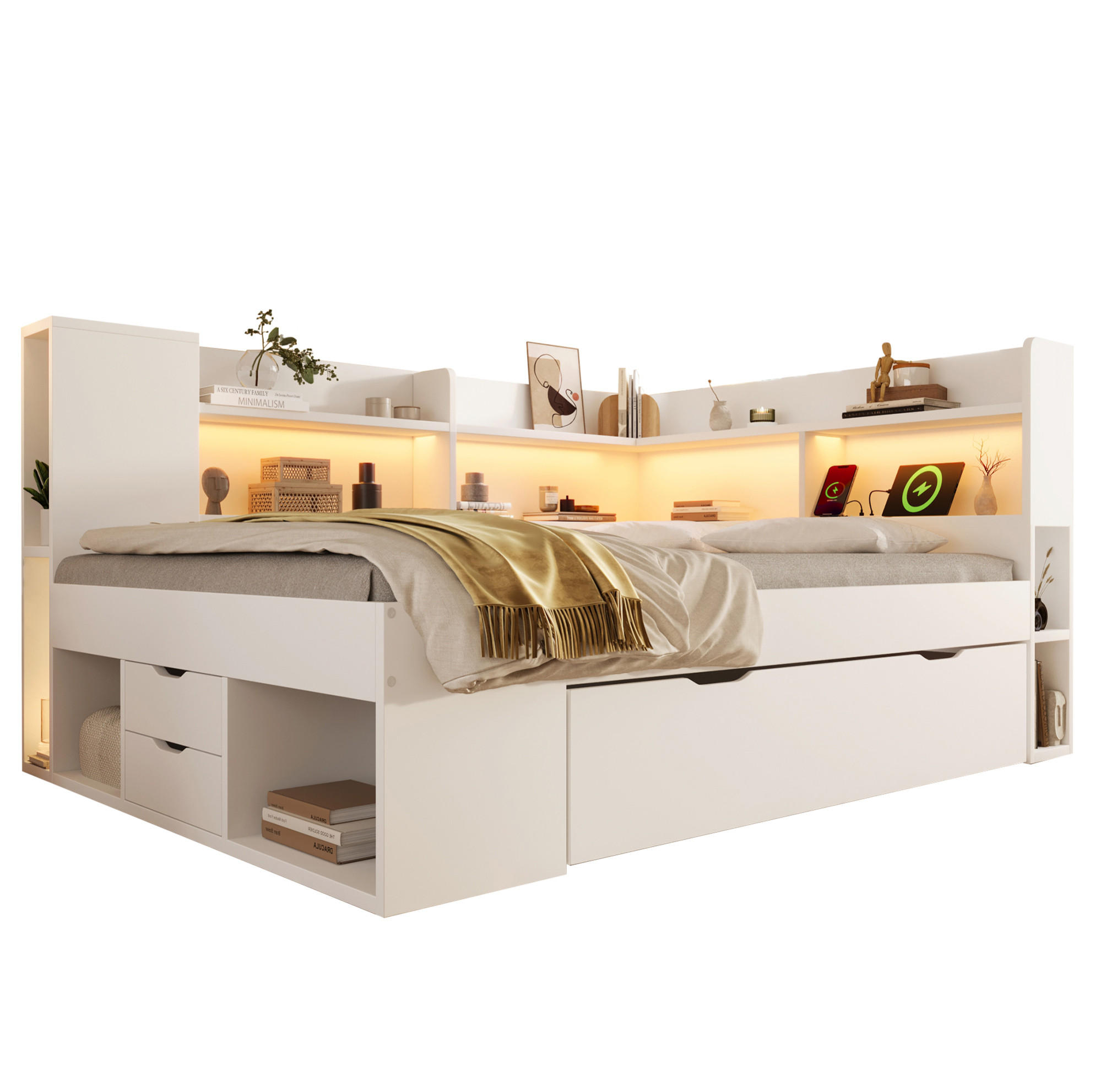 POLSTERBETT 90/200 cm aus Holzwerkstoff mit LED-Beleuchtung, USB- und Typ-C-Anschluss, Stauraum und Lattenrost, Weiß - Weiß, Textil (90/200cm) - Redom