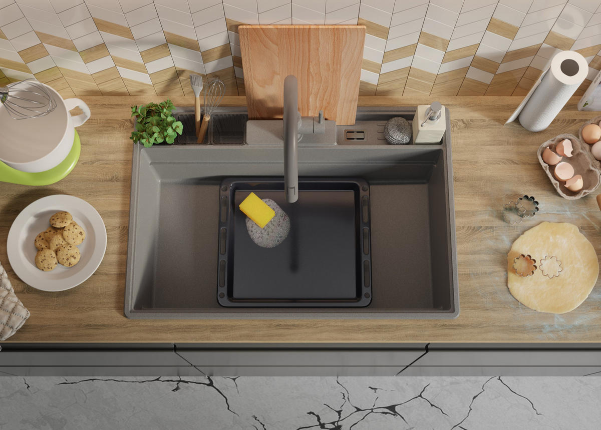 SPÜLBECKEN New York, 2-er set Grau 78/53 cm 1 Becken + Ablauf-Set + Küchenzubehörset ab 80er Unterschrank - Chromfarben/Beige, Kunststoff (78/20/53cm) - Primagran