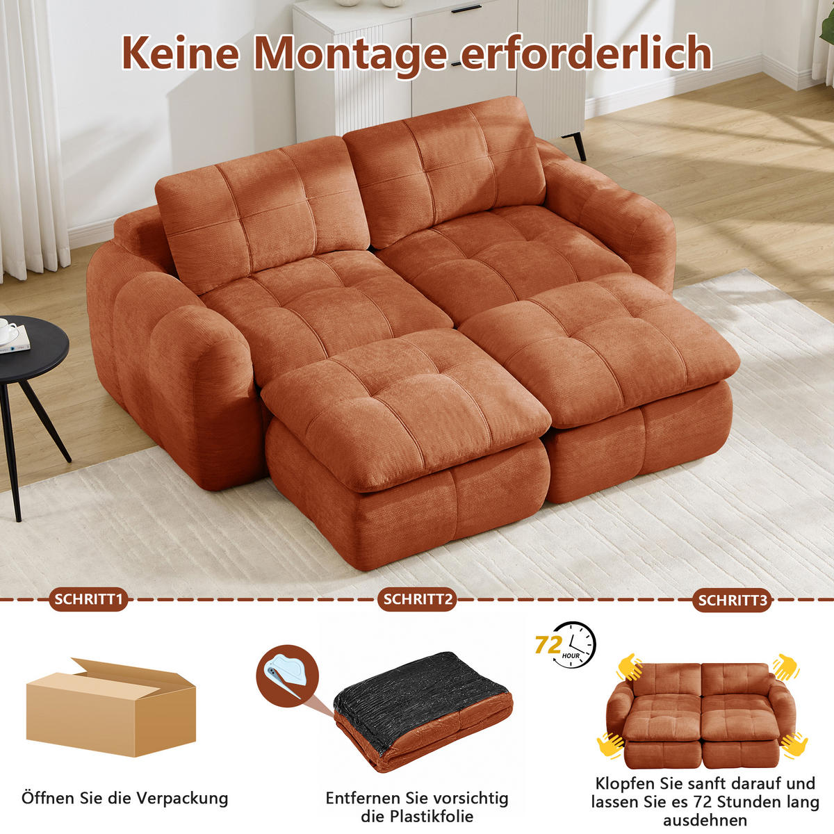 2-SITZER-SOFA mit 2 Hockern, minimalistisch, Chenille-Orange - Orange, Textil (160/68/194cm) - KOMHTOM