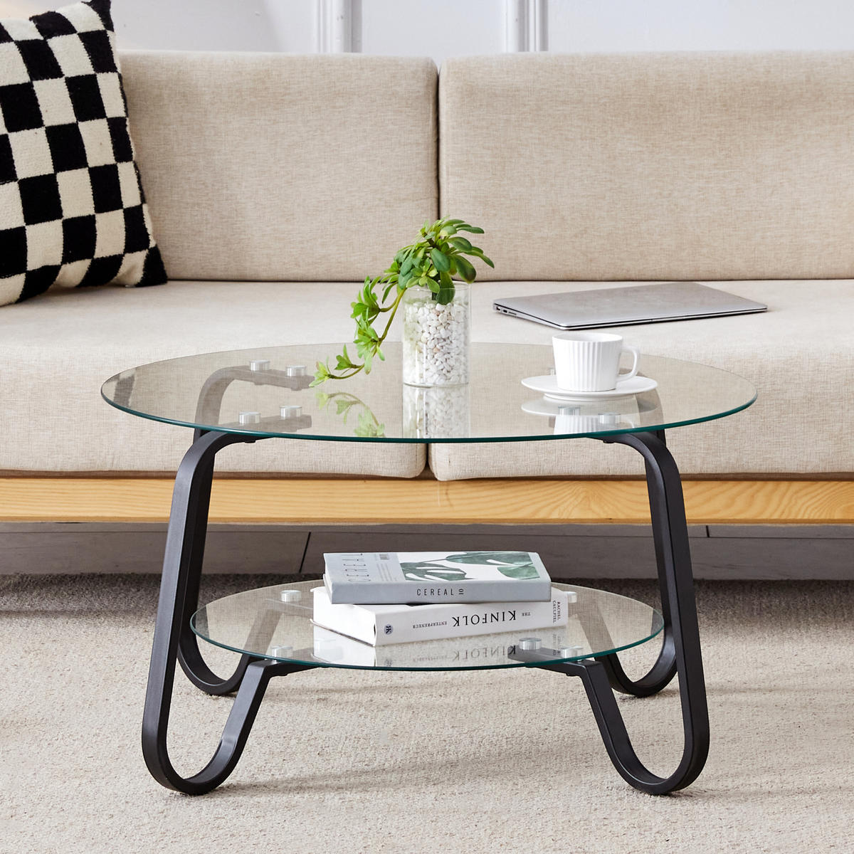 COUCHTISCH Retro Sicherheitsglas mit Metallrahmen und 2 Ebenen Schwarz/Transparent - Transparent/Schwarz, Glas/Metall (80/80/45cm)