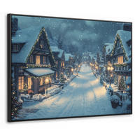 LEINWAND Bilder mit Rahmen - Weihnachtsdorf - Weihnachten - Schnee - Winter - 100x70 - Dunkelblau, Textil (100/70cm) - MuchoWow