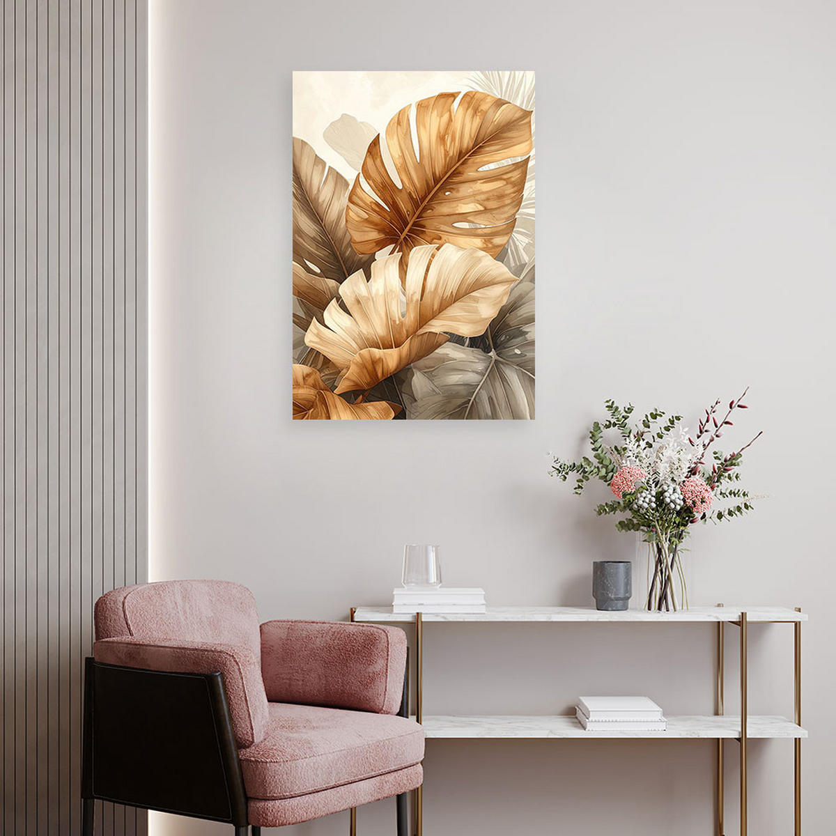 BILD auf Leinwand, Goldene tropische Blätter in einer eleganten Komposition - Beige, Textil (40/60cm) - Feeby