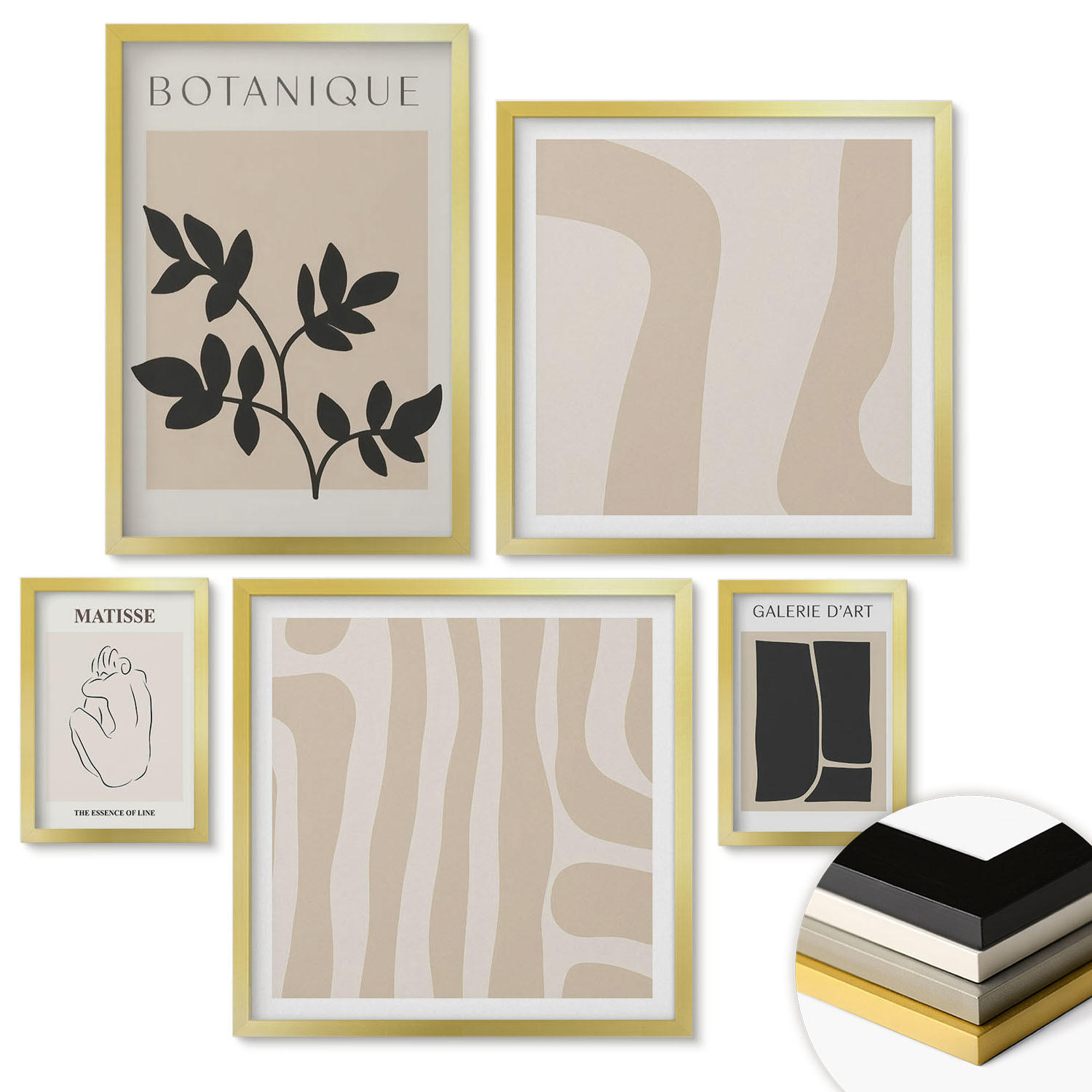 WANDBILDER 5er Set - 50x50 cm & 20x30 cm & 40x60 cm Goldrahmen - Abstrakte Pflanzenmotive - Goldfarben, Kunststoff (40/60cm) - ArtPrintCave
