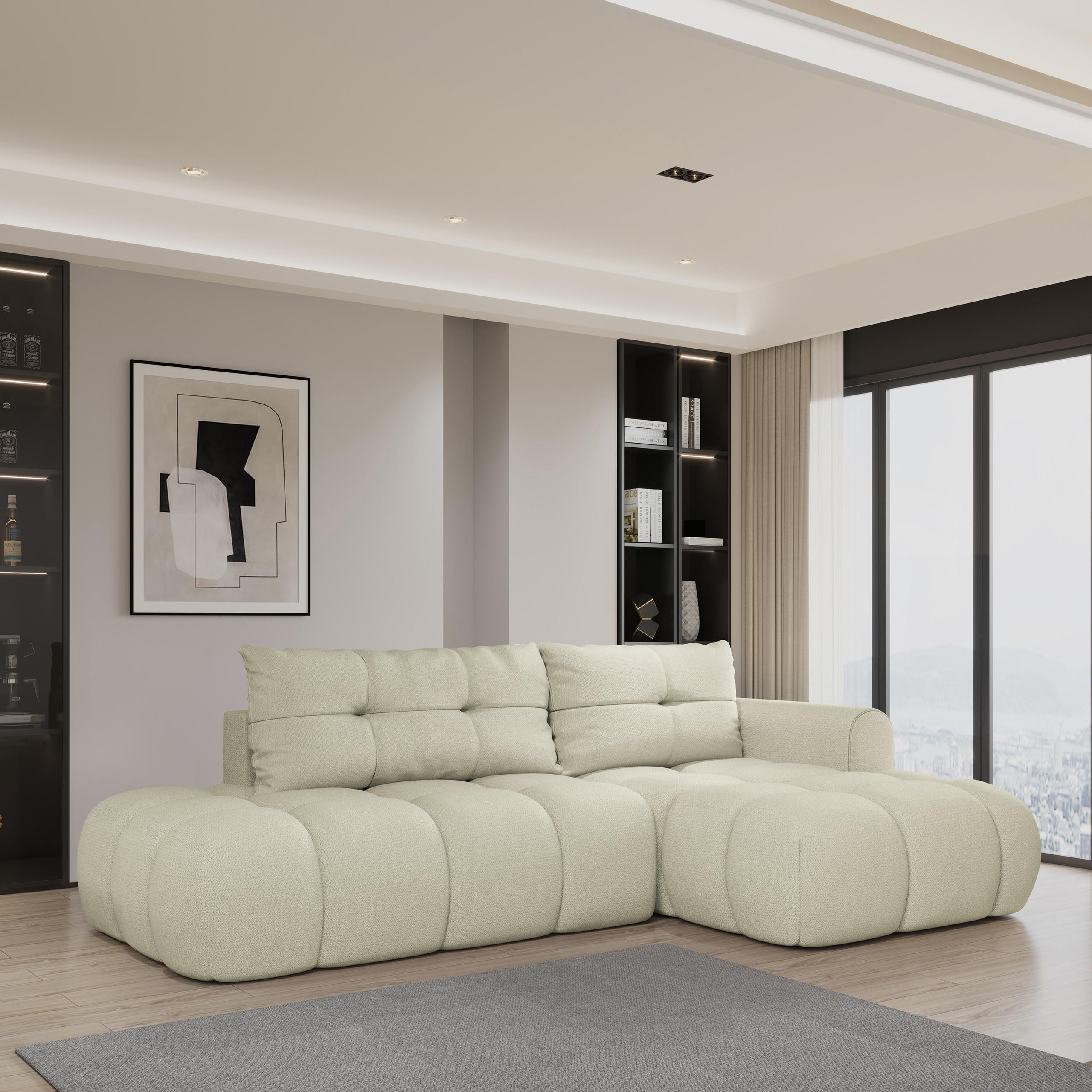 ECKSOFA FLUMA R-S Creme Geflochtener Stoff mit Schlaffunktion - Creme, Holz (274/165cm) - MASSENO