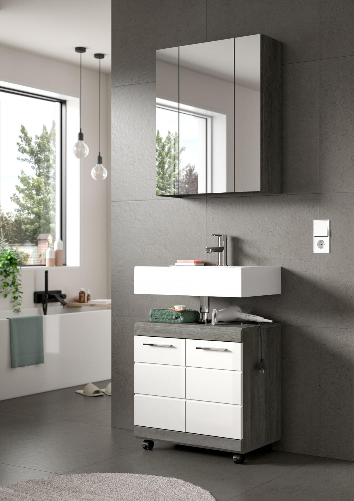 WASCHBECKENUNTERSCHRANK AUF ROLLEN Scout weiß hochglanz 60/34/60 cm - Grau, Holzwerkstoff (60/60/34cm) - Xonox