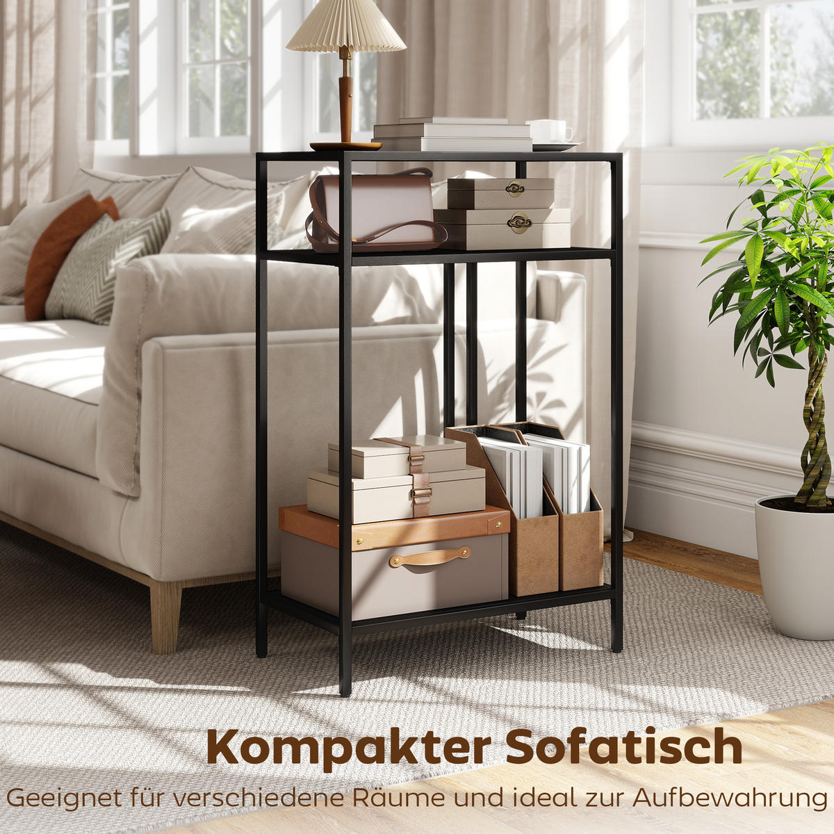 KONSOLENTISCH 3-stufige Ablagen Schmaler Eingangsbereichstisch Stahlrahmen für Wohnzimmer Flur 55 cm Schwarz - Schwarz, Metall (55/85/30cm)