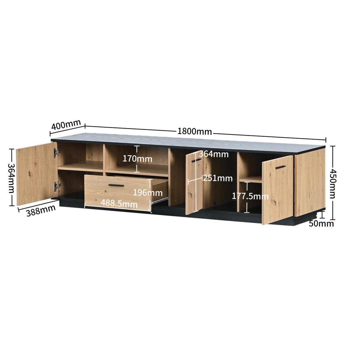 TV Lowboard LED, 3 Türen, 2 offene Fächer, Schwarz Natur - Schwarz, Holz (180/50/40cm)
