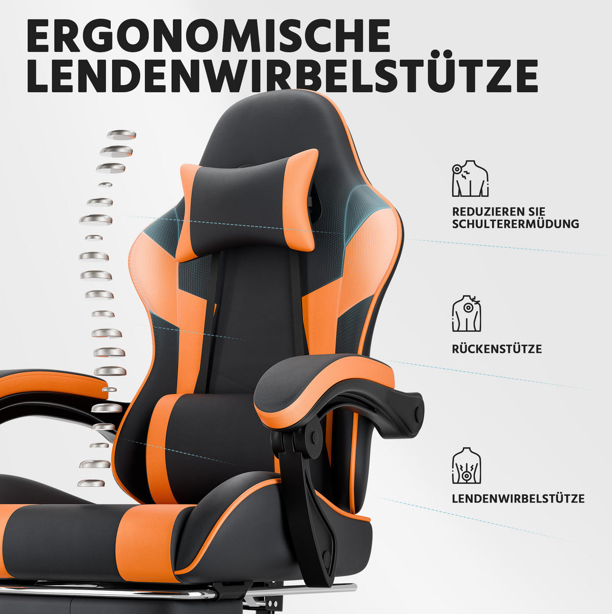 GAMING-STUHL ergonomisch verstellbar PVC Orange - Orange, Kunststoff (63/120.5/58.5cm) - Meubliv