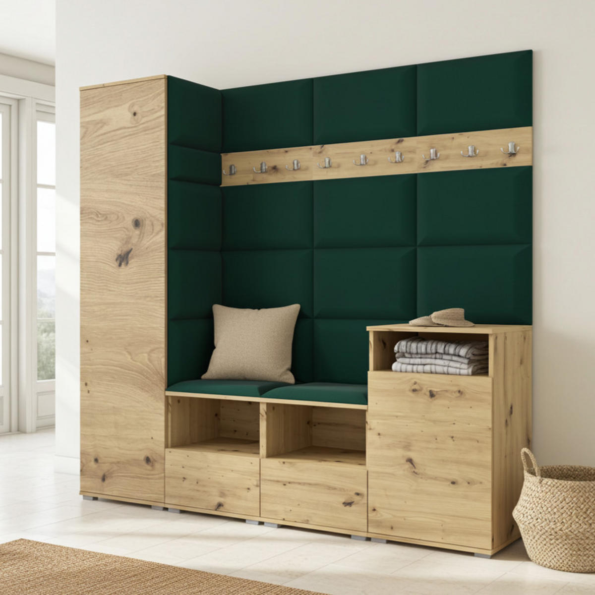 GARDEROBE NELA X 200 cm (Modulare Flurmöbel Artisan Eiche mit Sitzpolster Flaschengrün 28 Schrank + Sideboard) - Dunkelgrün/Silberfarben, Holz/Holzwerkstoff (200/187/40cm) - Ravio