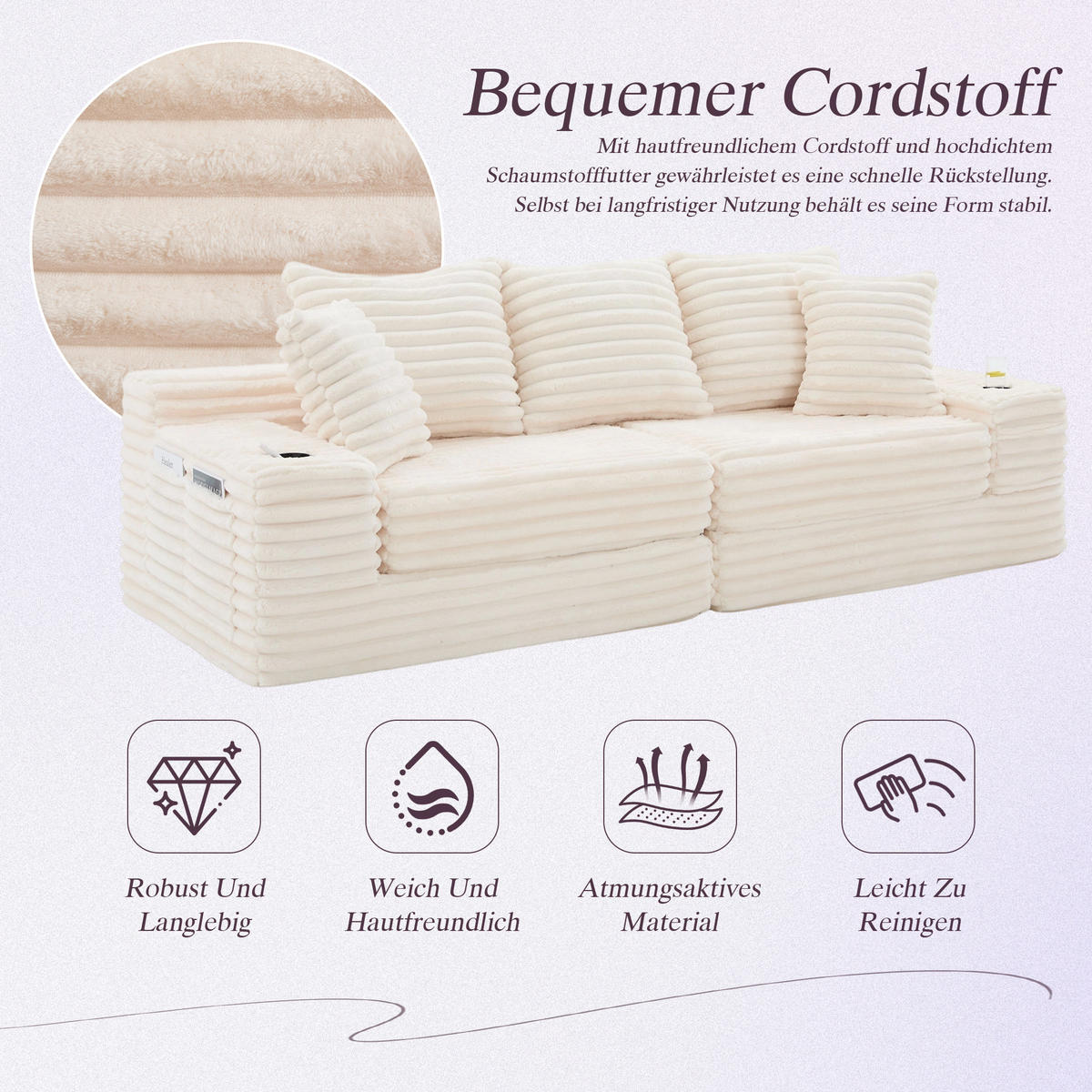 SCHLAFSOFA aus Cord mit Getränkehaltern und Kissen, Beige - Beige, Textil (107.48/34.25/38.58cm)