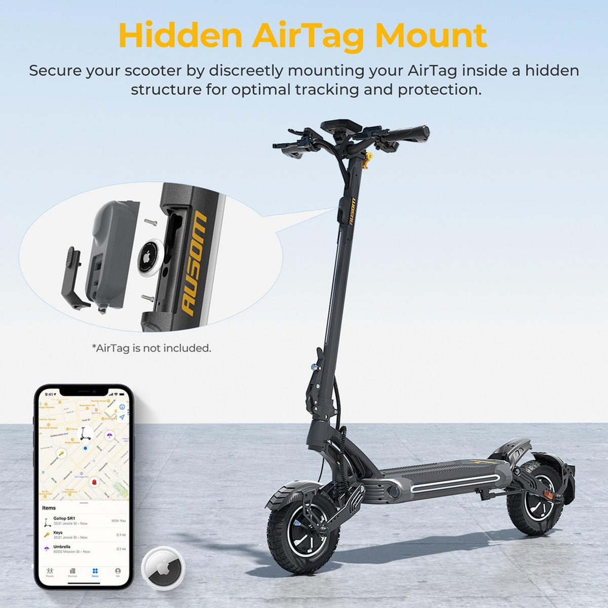 E-SCOOTER Ausom SR1 Dual Motor mit 2000W Leistung, 95 km Reichweite, NFC-Entsperrung, hydraulischen Bremsen und Offroad-Design - Dunkelgrau, Metall (62cm)