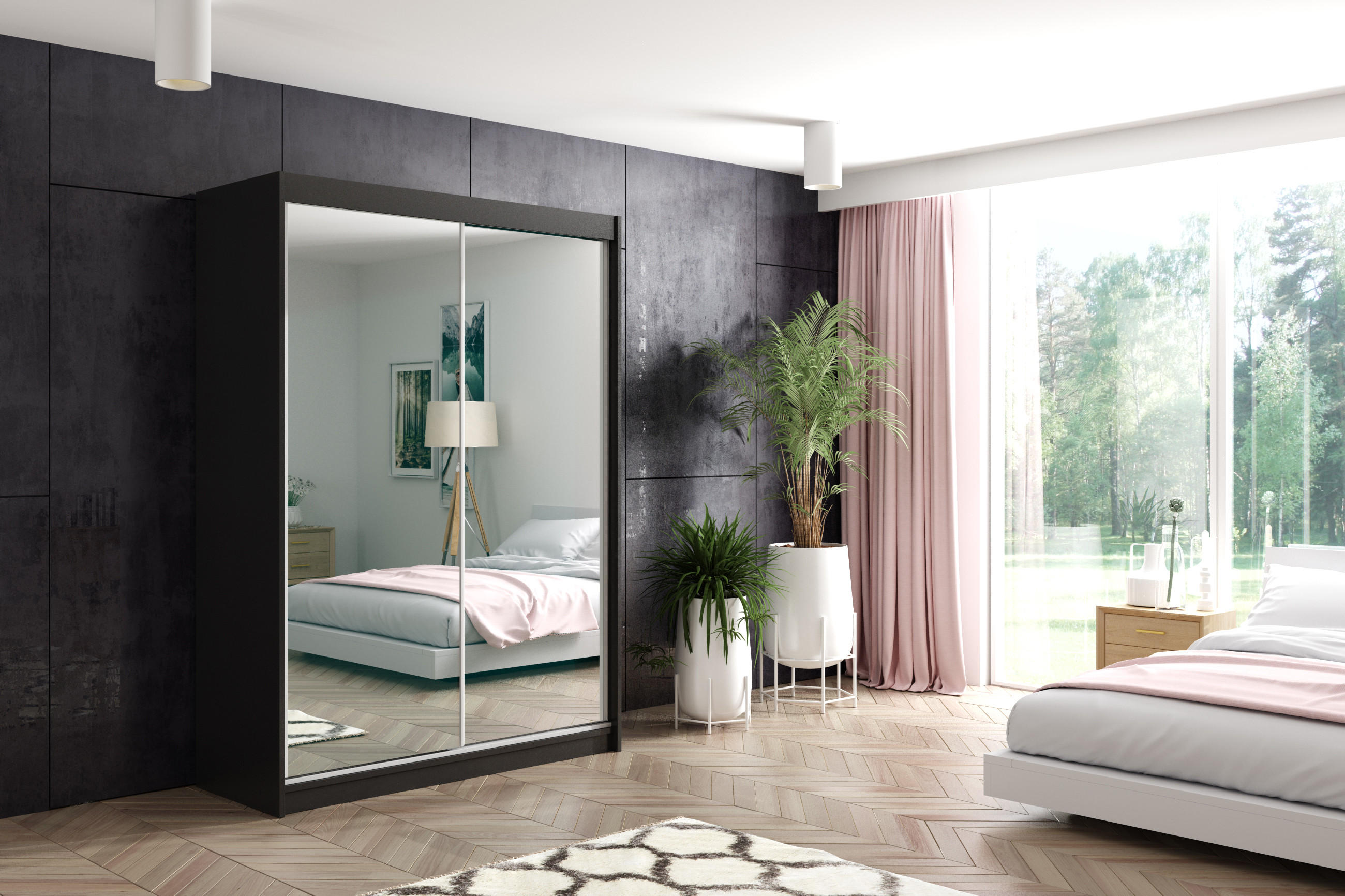 KLEIDERSCHRANK mit Spiegel-Schiebetüren und Aluminium-Leisten - DEBI - 160 cm Schwarz - Schwarz, Holzwerkstoff (160/216/61cm) - ALTDECOR