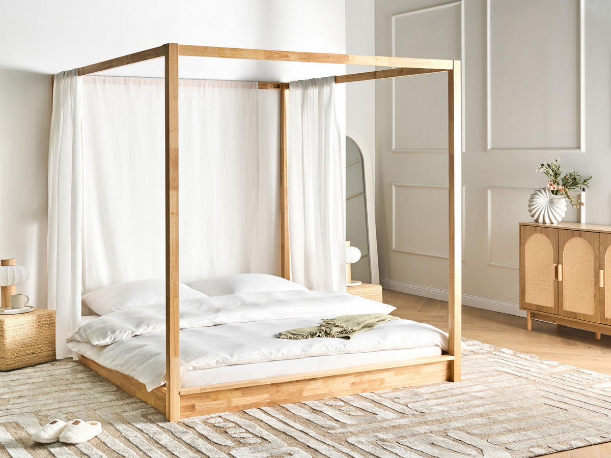 NEBESOVÁ POSTEL Dřevo 180/200 cm Světle hnědá Herliere - světle hnědá, dřevo (180/200cm) - Beliani