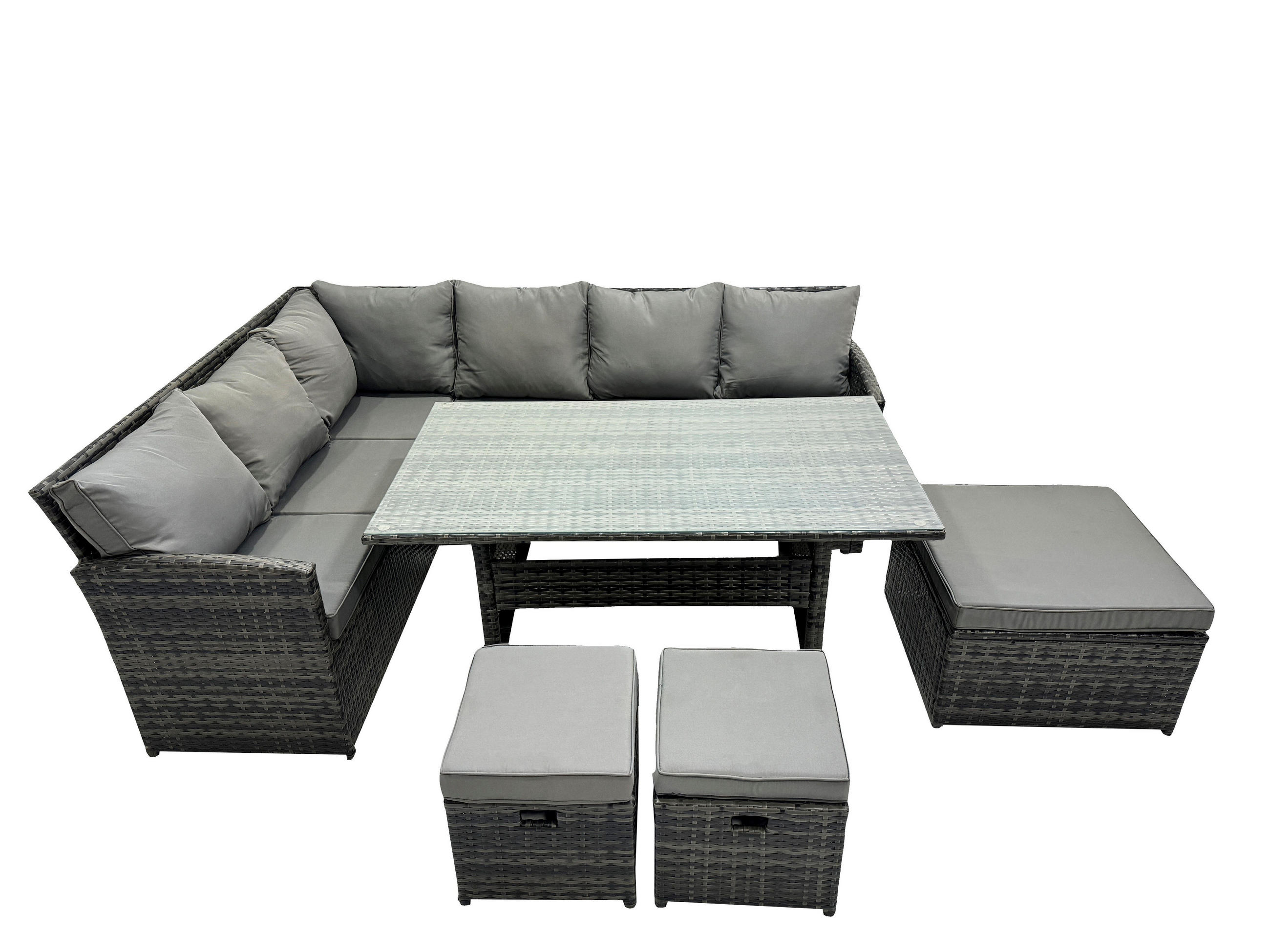 SITZGRUPPE mit Esstisch,3 Fußhocker Polyrattan Dunkelgrau 9-Sitzer - Dunkelgrau/Grau, Glas/Kunststoff - Fimous