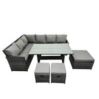 SITZGRUPPE mit Esstisch,3 Fußhocker Polyrattan Dunkelgrau 9-Sitzer - Dunkelgrau/Grau, Glas/Kunststoff - Fimous