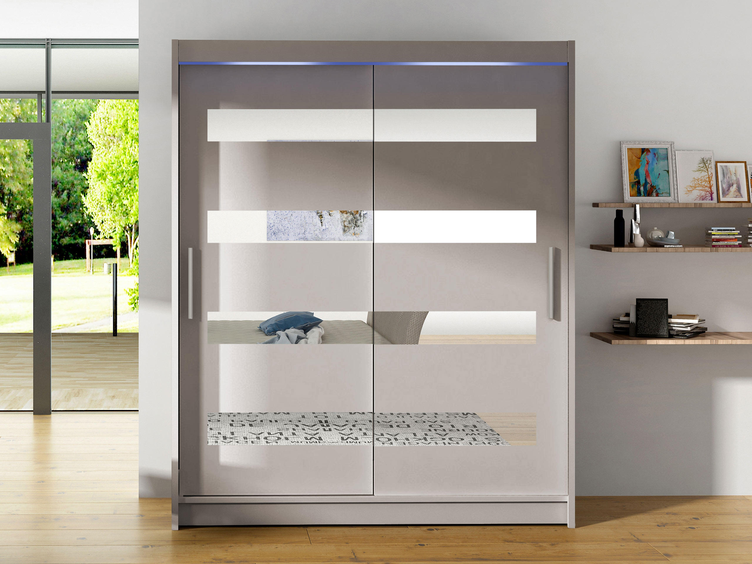 SCHWEBETÜRENSCHRANK Westa XIII, mit RGB LED Beleuchtung - Kaschmir/Silberfarben, Holzwerkstoff/Metall (150/200/58cm) - MIRJAN24