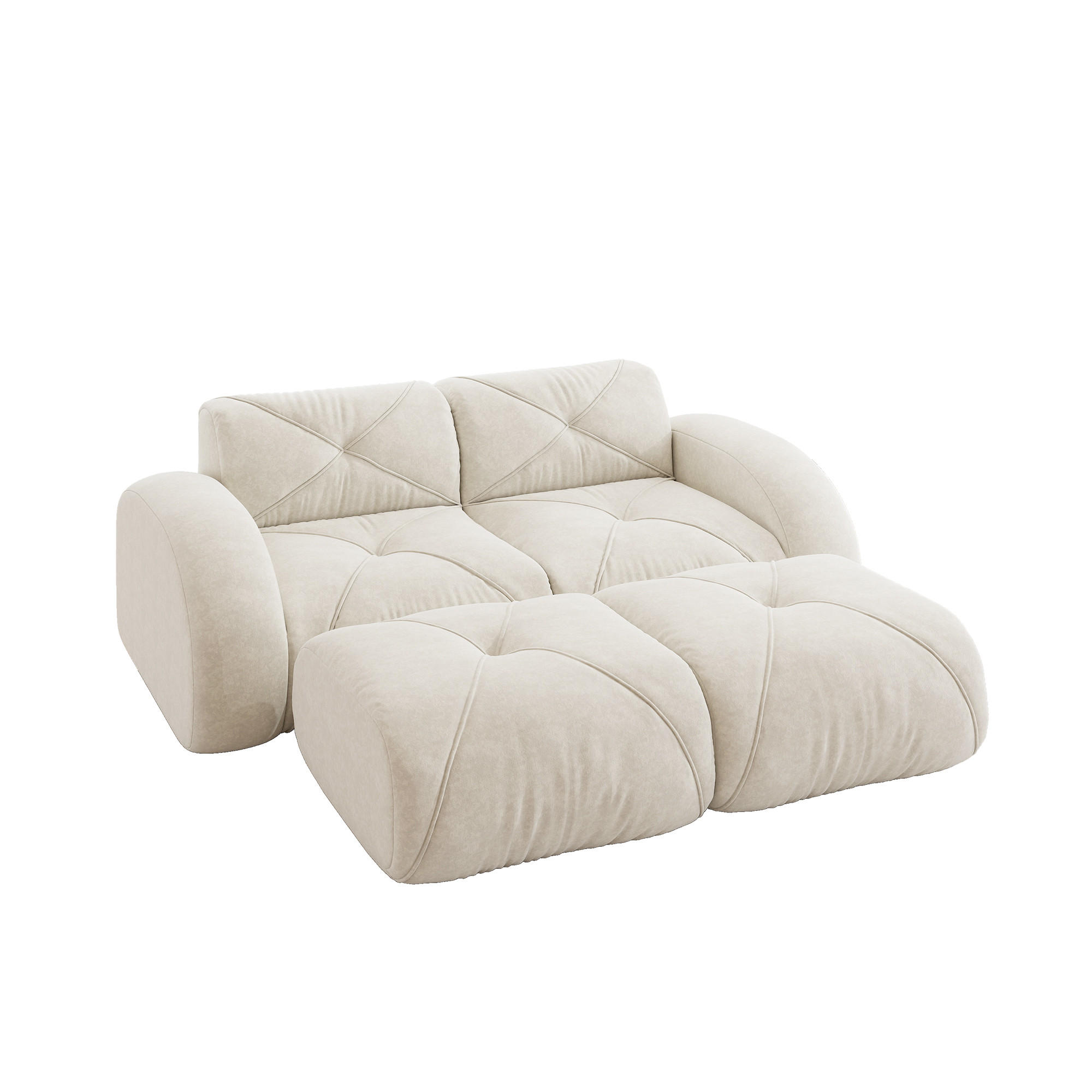 2-SITZER SOFA Chenille Hellbeige mit 2 Hockern - Weiß, Textil (204/76/171cm) - WISHDOR