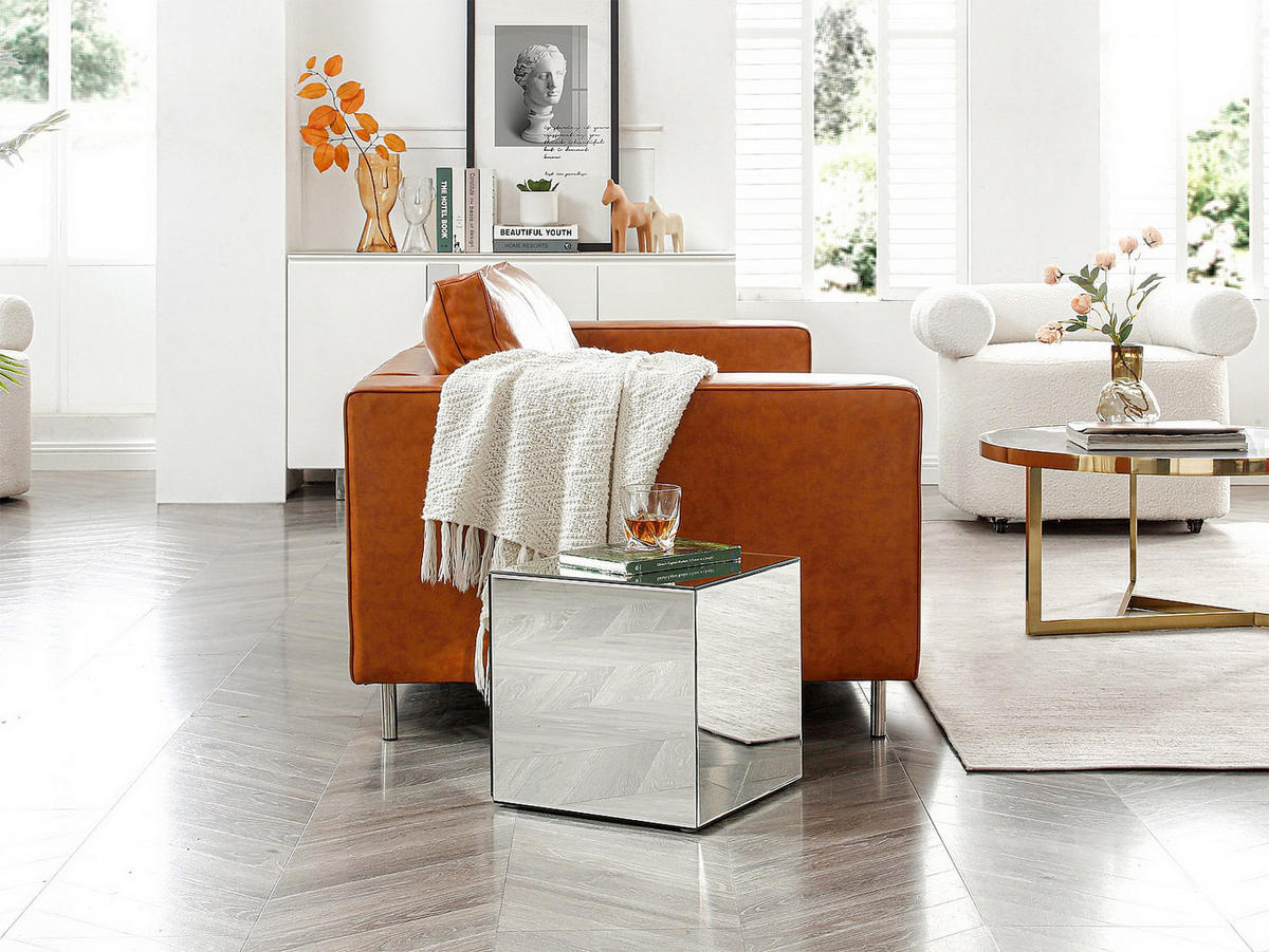 BEISTELLTISCH - 35cm x 35cm - MDF - silberfarben - CUBIX - Silberfarben, Glas (35/35/35cm) - Vente-Unique