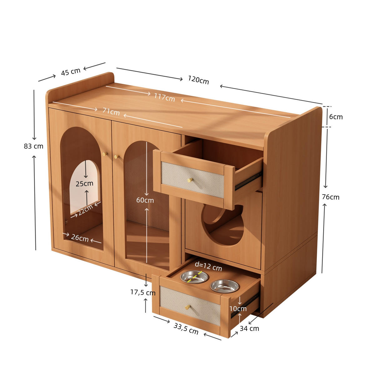 SIDEBOARD 120/45/76 cm Nussbaumfarben aus Holzwerkstoff und Glas mit Futternapf-Schublade - Walnussfarben, Holzwerkstoff (45/83/120cm) - OKMYHOME