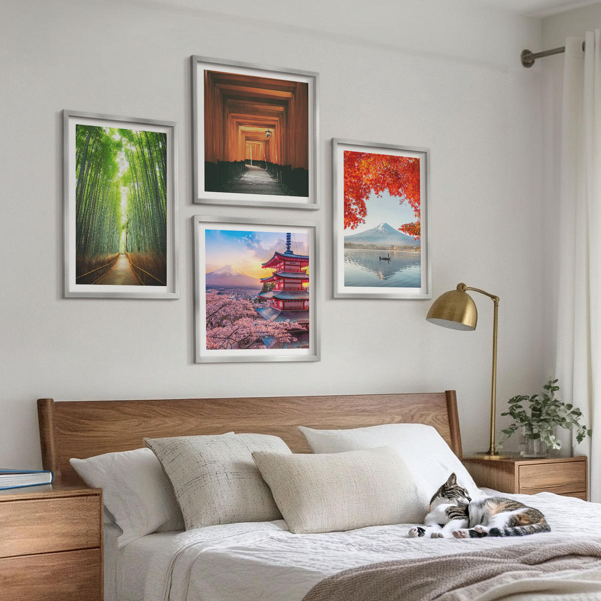 WANDBILDER 4er Set - 50x50 cm & 40x60 cm Silberner Rahmen - Fuji-Torii-Bambuswald, Japan - Silberfarben, Kunststoff (50/50cm) - ArtPrintCave