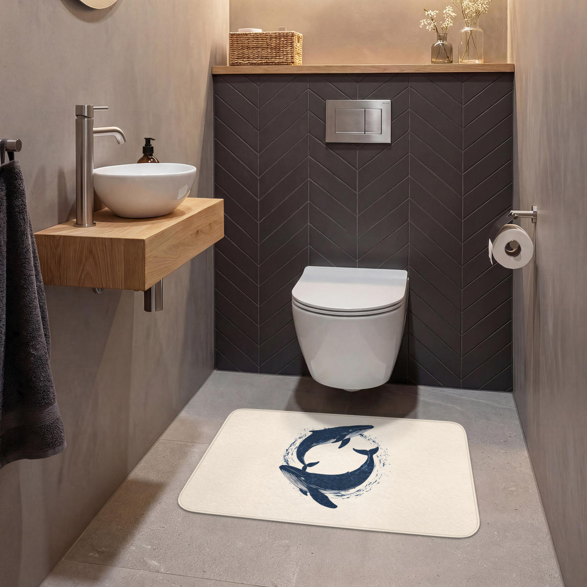 WC PŘEDLOŽKA Velryby - Stříkance - Kruh - Tmavě modrá 80x50 cm - tmavě modrá, textil/plast (80/1cm) - OnlyWow