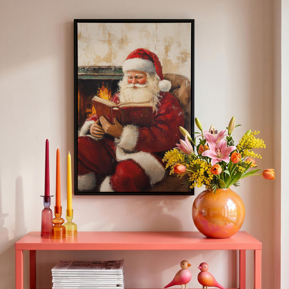 LEINWAND Bilder mit Rahmen - Weihnachten - Weihnachtsmann - Winter - Open Fireside - 40x60 - Dunkelrot, Textil (40/60cm) - MuchoWow