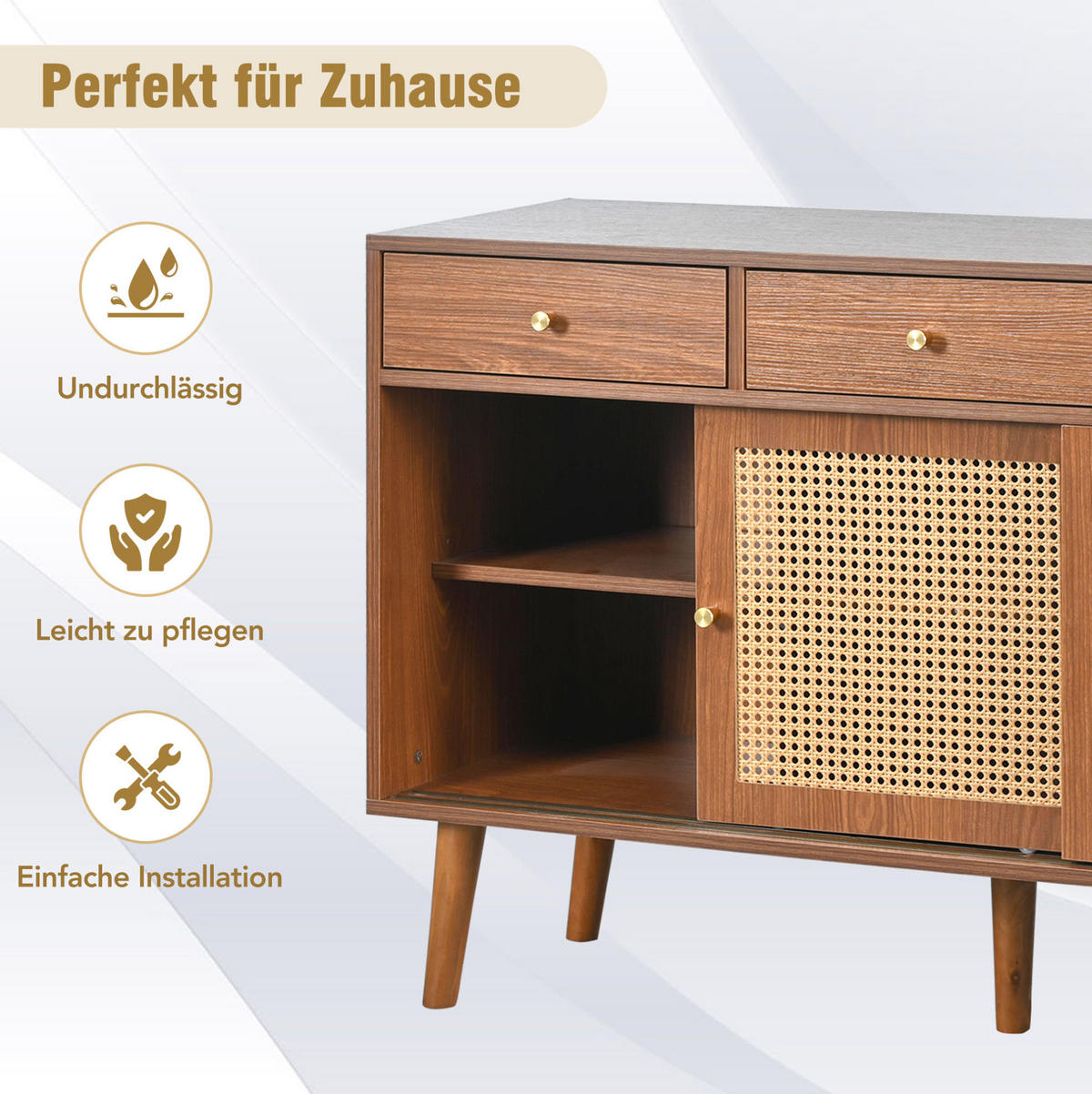 SIDEBOARD 120/40/78 cm aus MDF mit Rattangeflecht und 3 Schubladen Walnussfarben - Eichefarben, Holzwerkstoff (120/78/40cm) - Modenvie