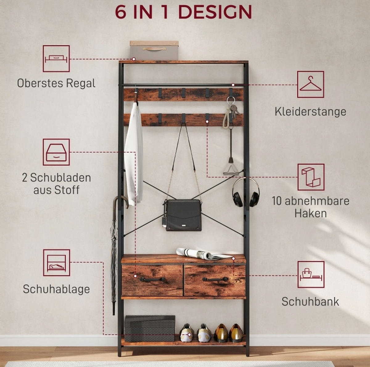 GARDEROBE 80/180/30 cm Braun aus Holz und Metall mit Schuhregal - Braun, Holz (30/180/80cm) - OKMYHOME