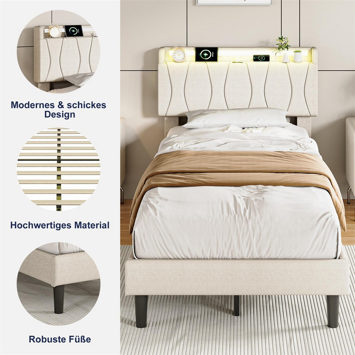 POLSTERBETT 90x200 cm mit LED-Beleuchtung - Kopfteil mit Ladefunktion - Gepolstertes Kopfteil - Beige - Beige, Textil (90/200cm) - DELFA